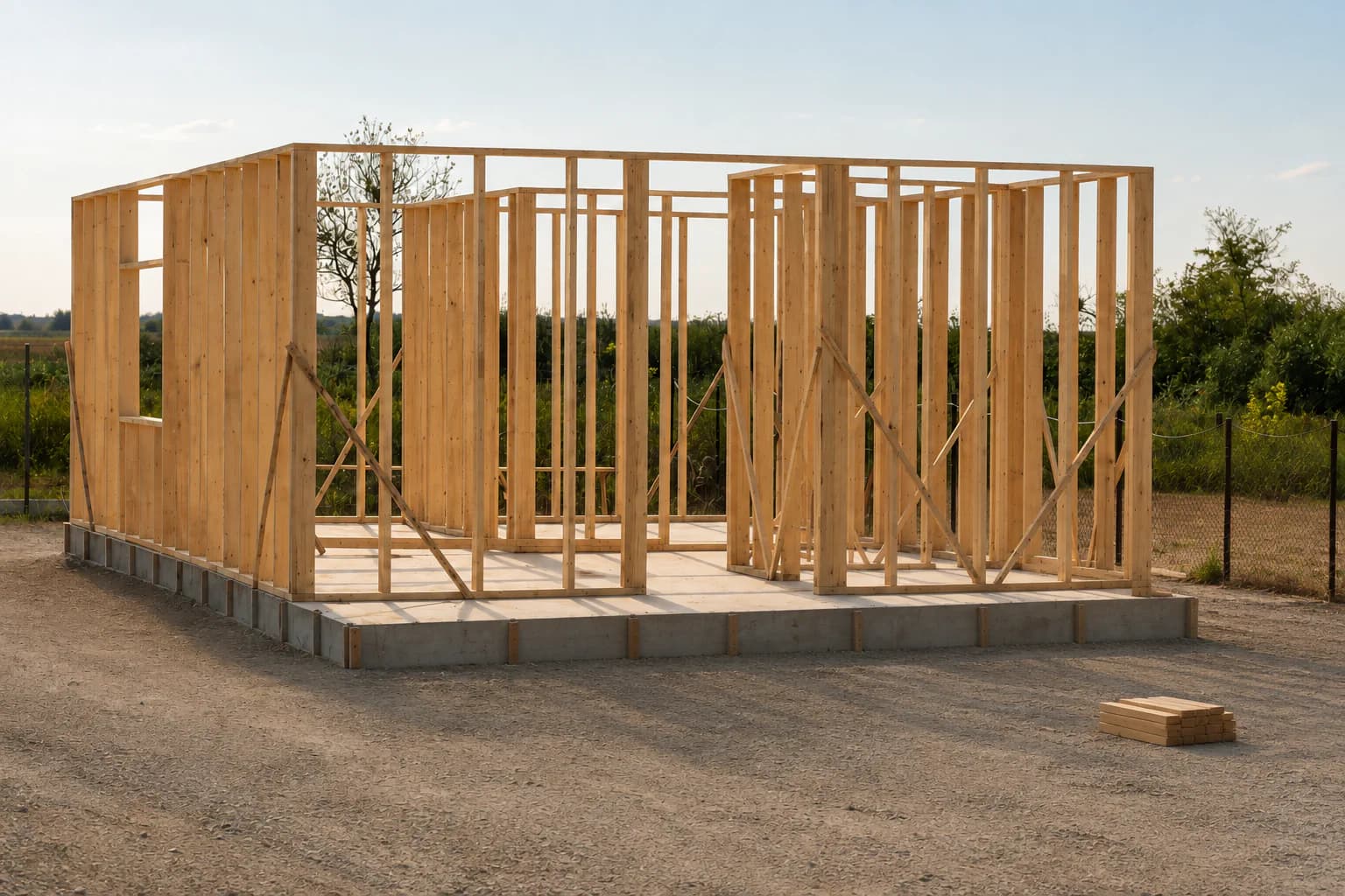 Murs porteurs en bois montés sur la dalle