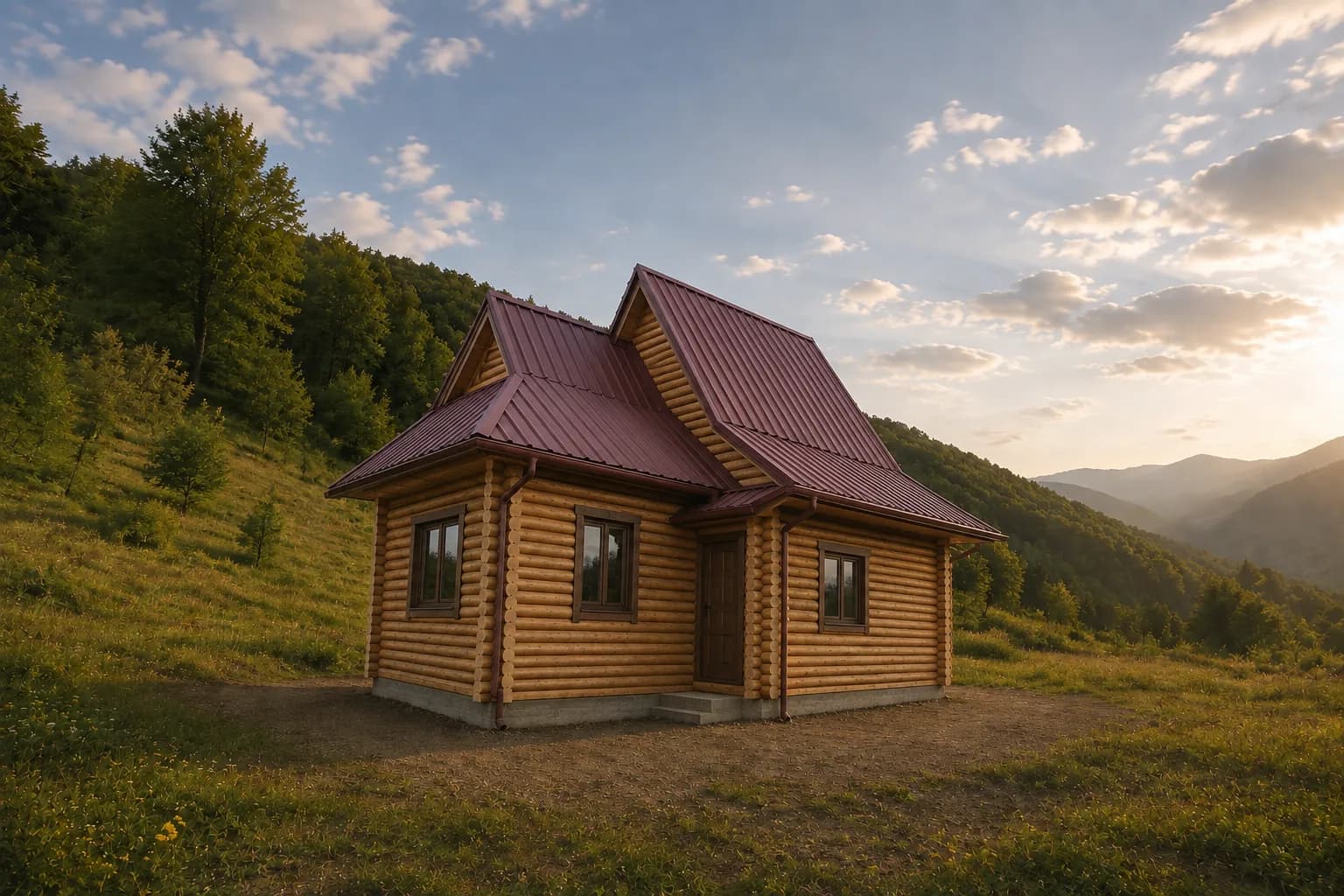 Chalet en rondins terminé dans un paysage naturel