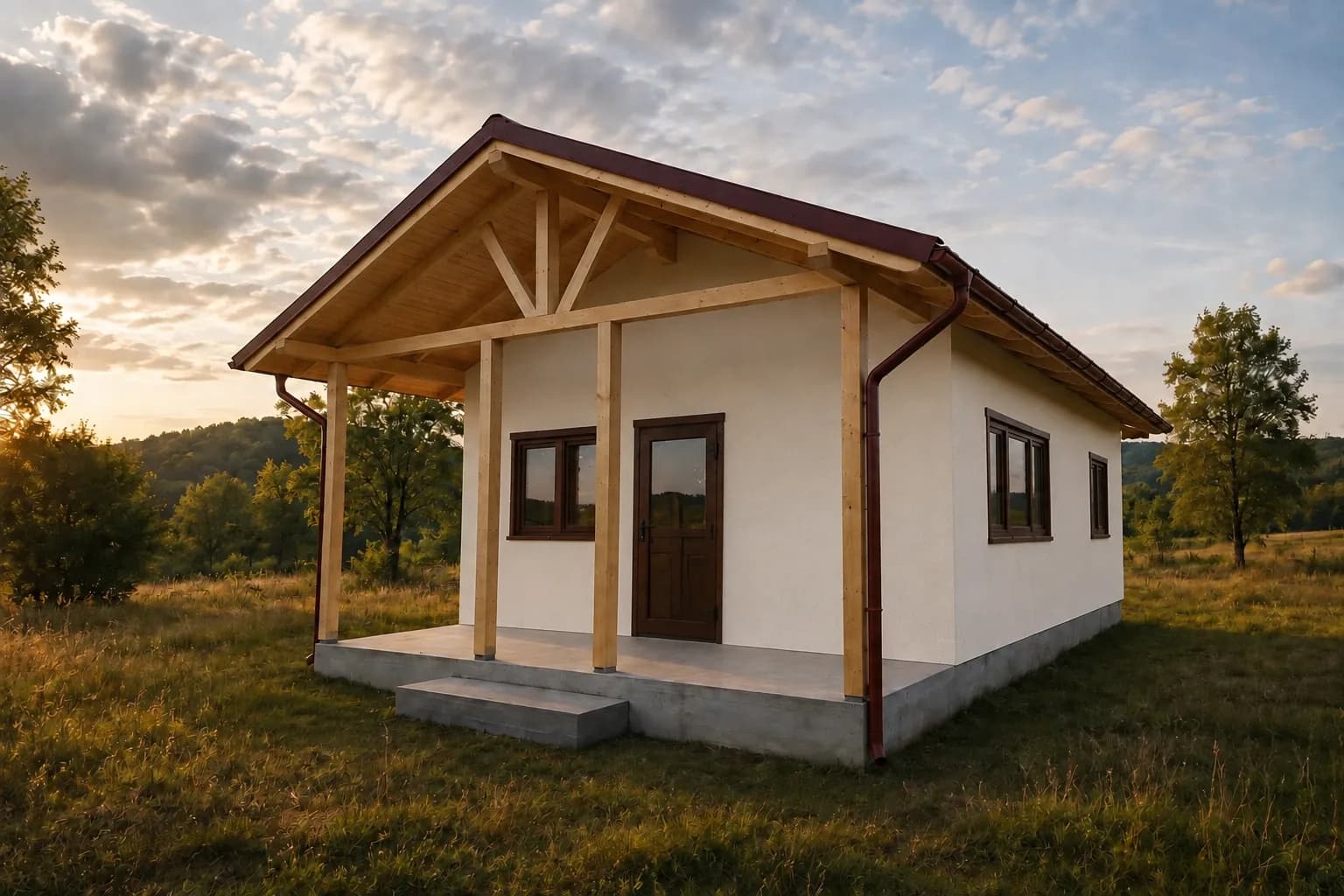 Chalet à façade enduite sur isolant, terrasse couverte sur poteaux en bois
