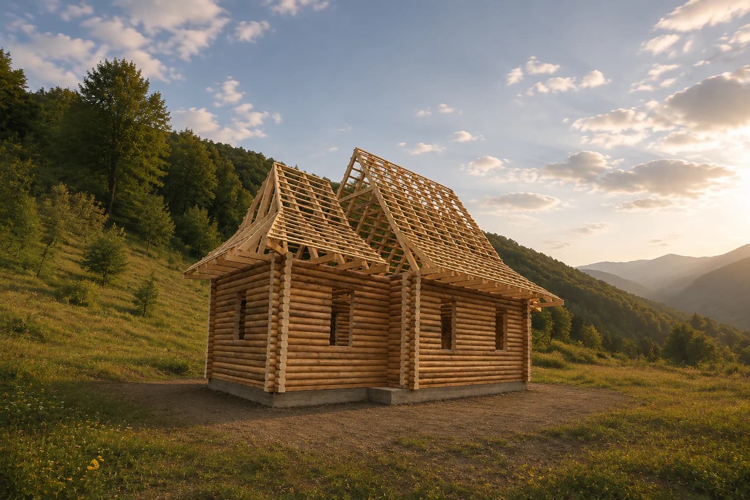 Maison en rondins avec charpente posée, construite sur une fondation en béton