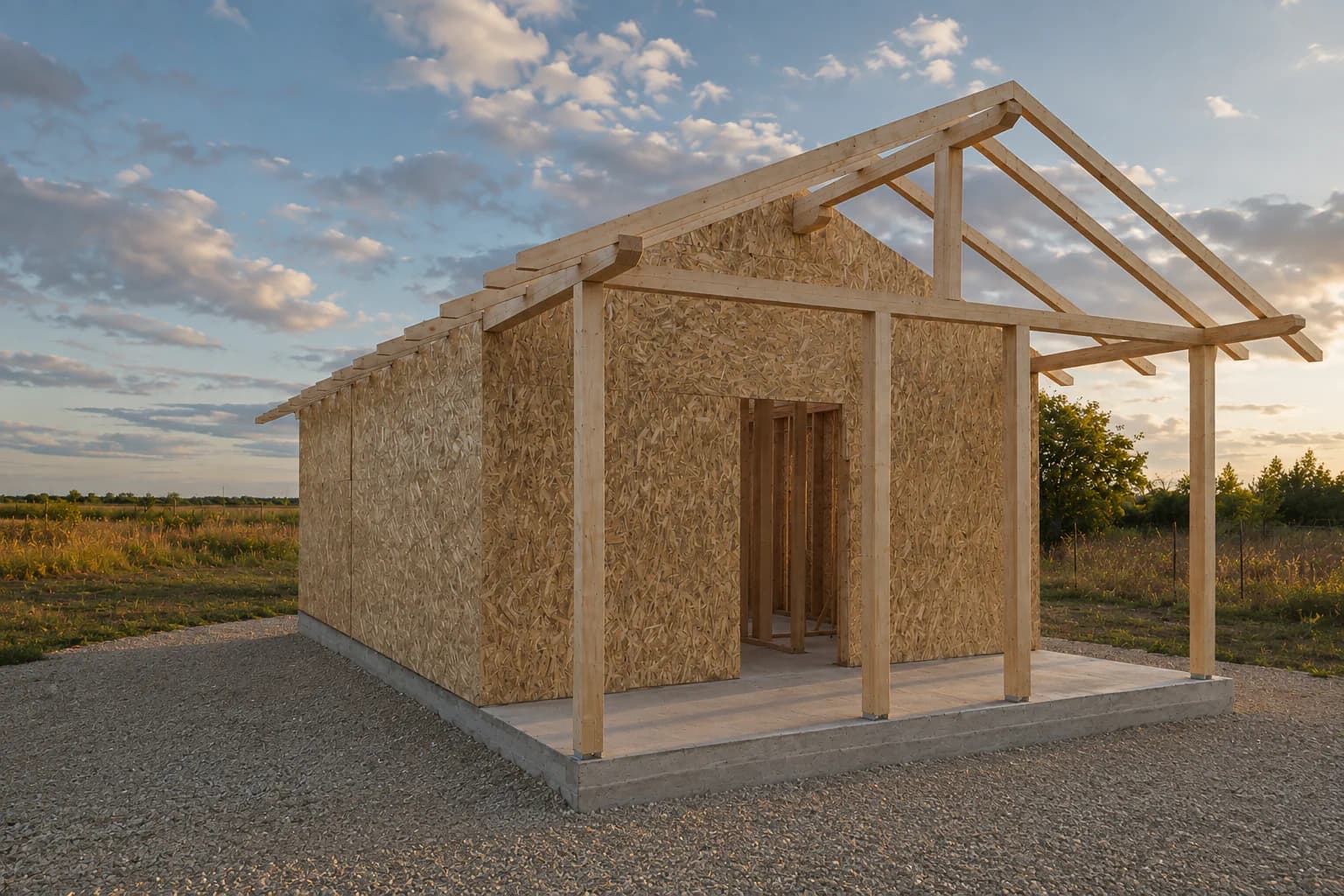 Charpente d’un chalet en bois pendant le montage